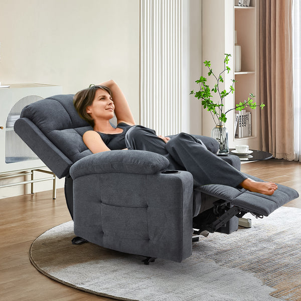 YODOLLA Oversized Nursery Electric Recliner Chair, Power Sofa with USB & Cup Holders, Breathable Leather Fabric, Home Theater Seating in Grey