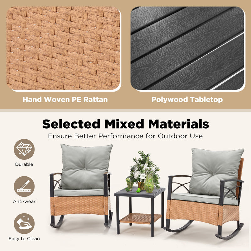 3-Piece Bistro Set: Outdoor Rattan Rocking Chairs with Cushions and Coffee Table
