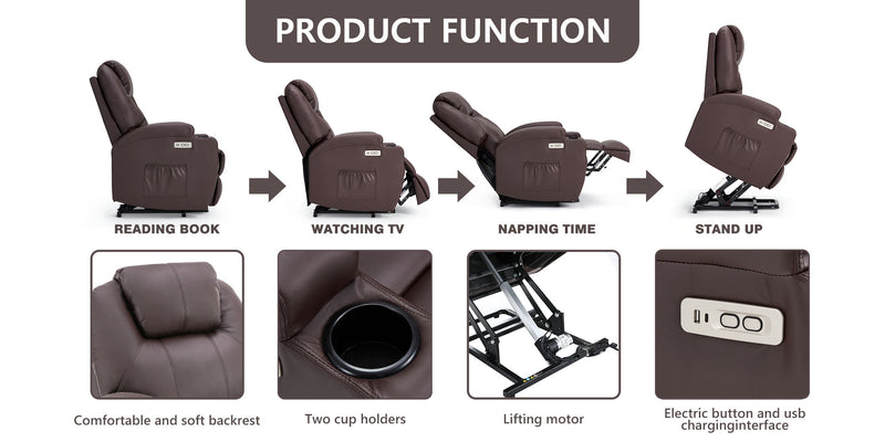 Danrelax Power Lift Chair Recliner Sofa for Elderly, Heavy Duty & Safety Motion Reclining Mechanism, 2 Side Pockets and Cup Holders, USB Ports, Brown