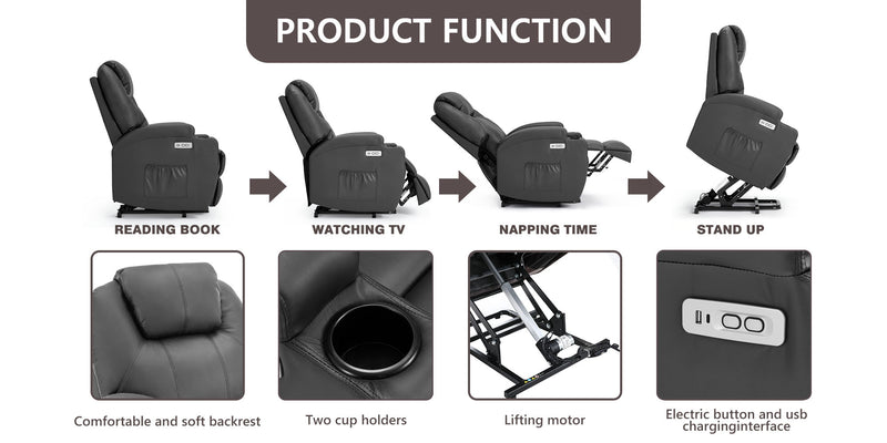 Danrelax Power Lift Chair Recliner Sofa for Elderly, Heavy Duty & Safety Motion Reclining Mechanism, 2 Side Pockets and Cup Holders, USB Ports, Black