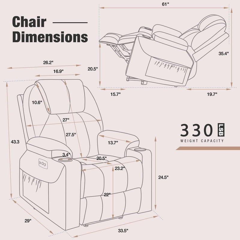 Danrelax Power Lift Chair Recliner Sofa for Elderly, Heavy Duty & Safety Motion Reclining Mechanism, 2 Side Pockets and Cup Holders, USB Ports, Brown