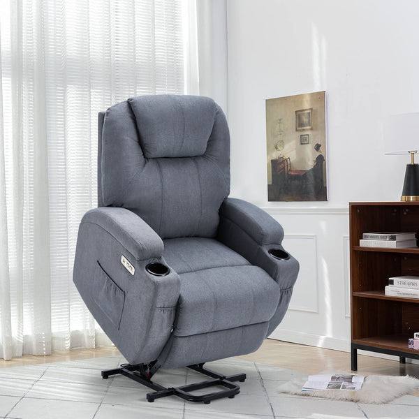 Danrelax Power Lift Chair Recliner Sofa for Elderly, Heavy Duty & Safety Motion Reclining Mechanism, 2 Side Pockets and Cup Holders, USB Ports,Grey Blue