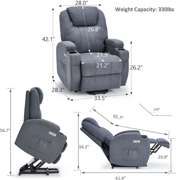 Danrelax Power Lift Chair Recliner Sofa for Elderly, Heavy Duty & Safety Motion Reclining Mechanism, 2 Side Pockets and Cup Holders, USB Ports,Grey Blue