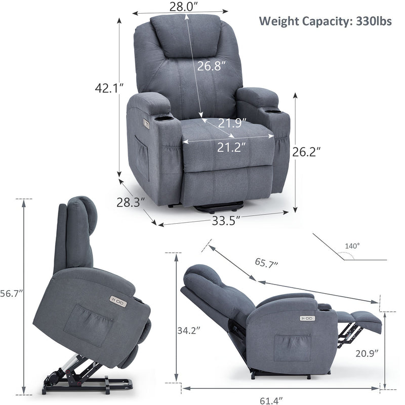 Danrelax Power Lift Chair Recliner Sofa for Elderly, Heavy Duty & Safety Motion Reclining Mechanism, 2 Side Pockets and Cup Holders, USB Ports,Grey Blue