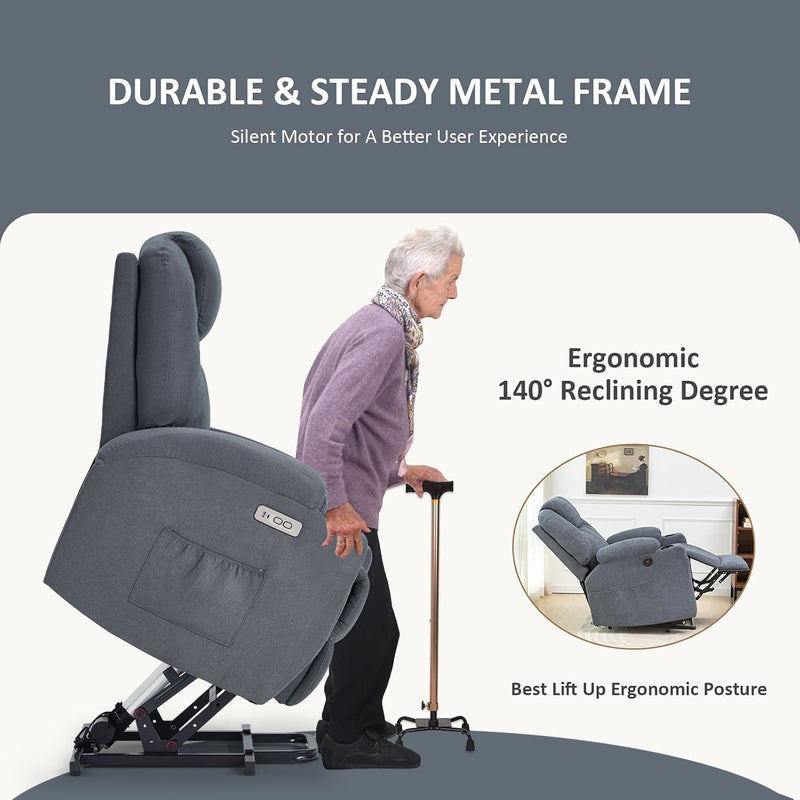 Danrelax Power Lift Chair Recliner Sofa for Elderly, Heavy Duty & Safety Motion Reclining Mechanism, 2 Side Pockets and Cup Holders, USB Ports,Grey Blue
