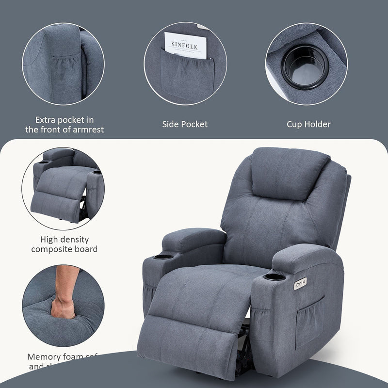 Danrelax Power Lift Chair Recliner Sofa for Elderly, Heavy Duty & Safety Motion Reclining Mechanism, 2 Side Pockets and Cup Holders, USB Ports,Grey Blue