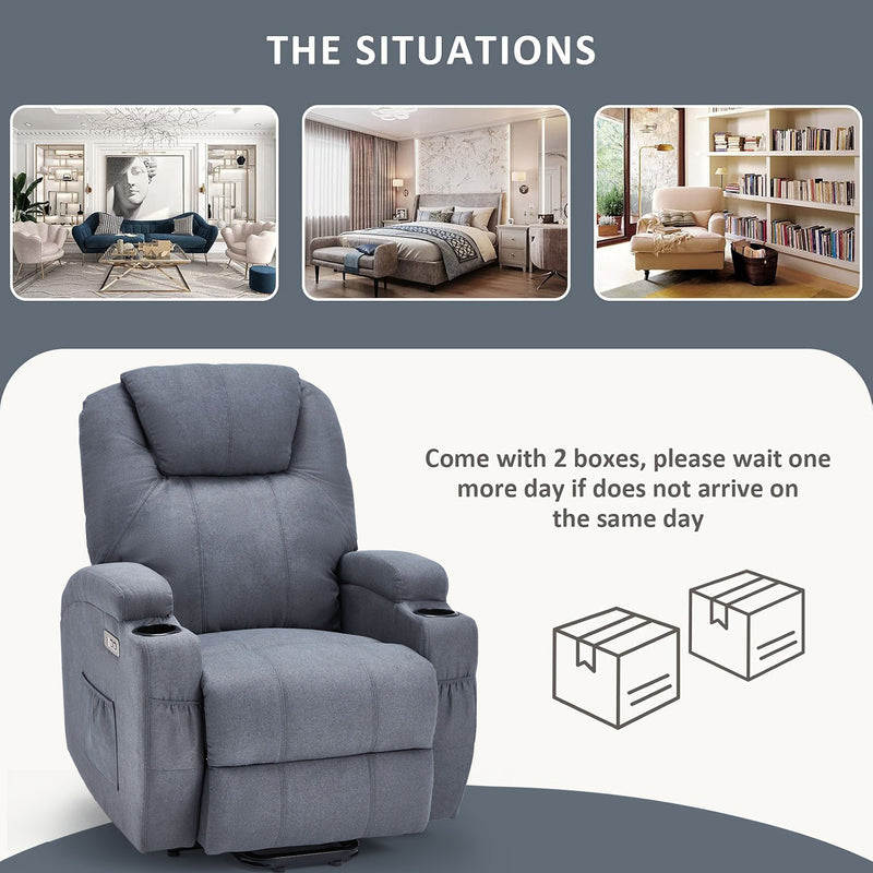 Danrelax Power Lift Chair Recliner Sofa for Elderly, Heavy Duty & Safety Motion Reclining Mechanism, 2 Side Pockets and Cup Holders, USB Ports,Grey Blue