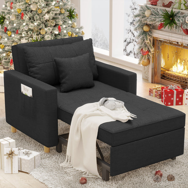 YODOLLA 3-in-1 Convertible Sofa Bed Chair, Sleeper Chair with Side Pocket-Black