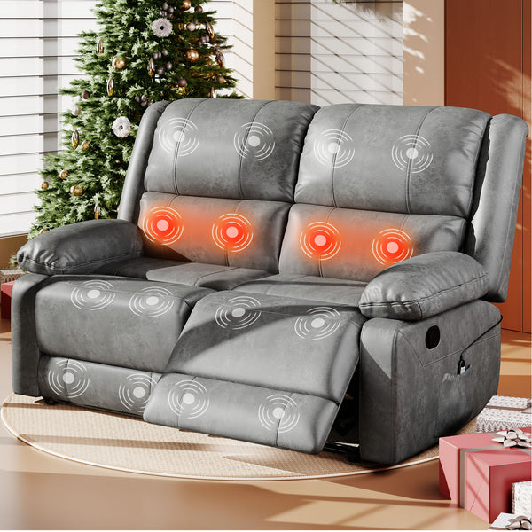 YODOLLA 2 Seat Leather Recliner Sofa with Massage Heated Function, Home Theater Seating Loveseat Chair in Gray