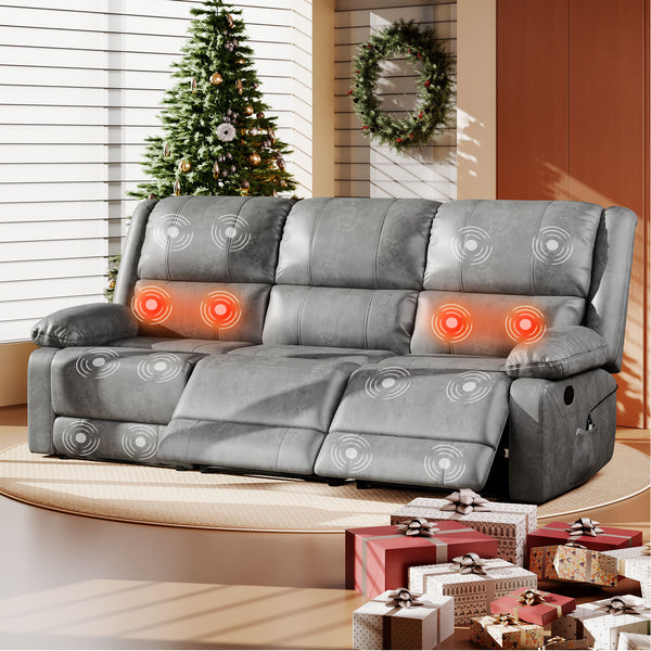 YODOLLA 3 Seat Leather Recliner Sofa with Massage Heated Function, Home Theater Seating Chair in Gray