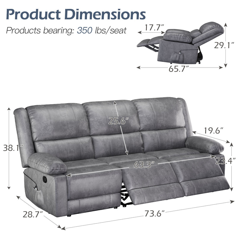 YODOLLA 3 Seat Leather Recliner Sofa with Massage Heated Function, Home Theater Seating Chair in Gray