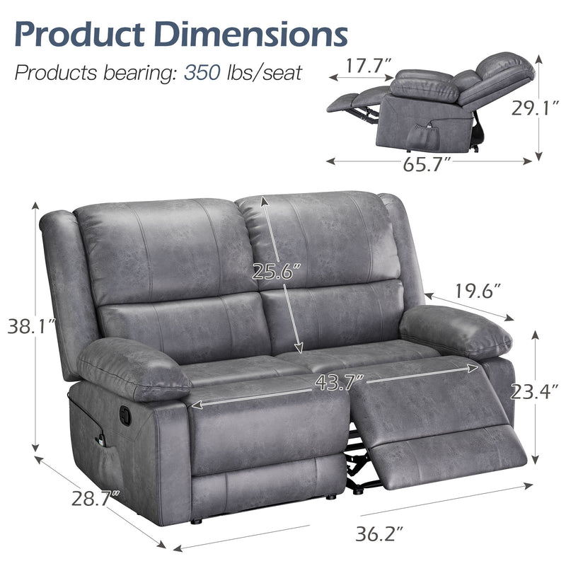 AECOJOY Reclining Loveseat with Heat&Massage Function, Double Recliner Recliner Loveseat Wall Hugger Loveseat 2-Seater Manual Control Faux Leather RV Couch, Home Theater Seating, Gray