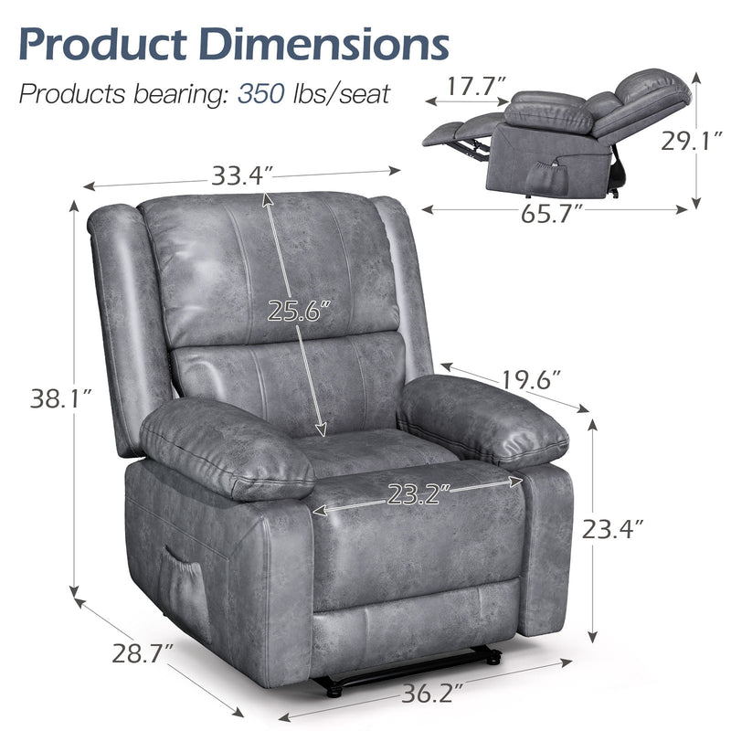YODOLLA Leather Recliner Chair with Massage Heated Function, Home Theater Seating Sofa Gray