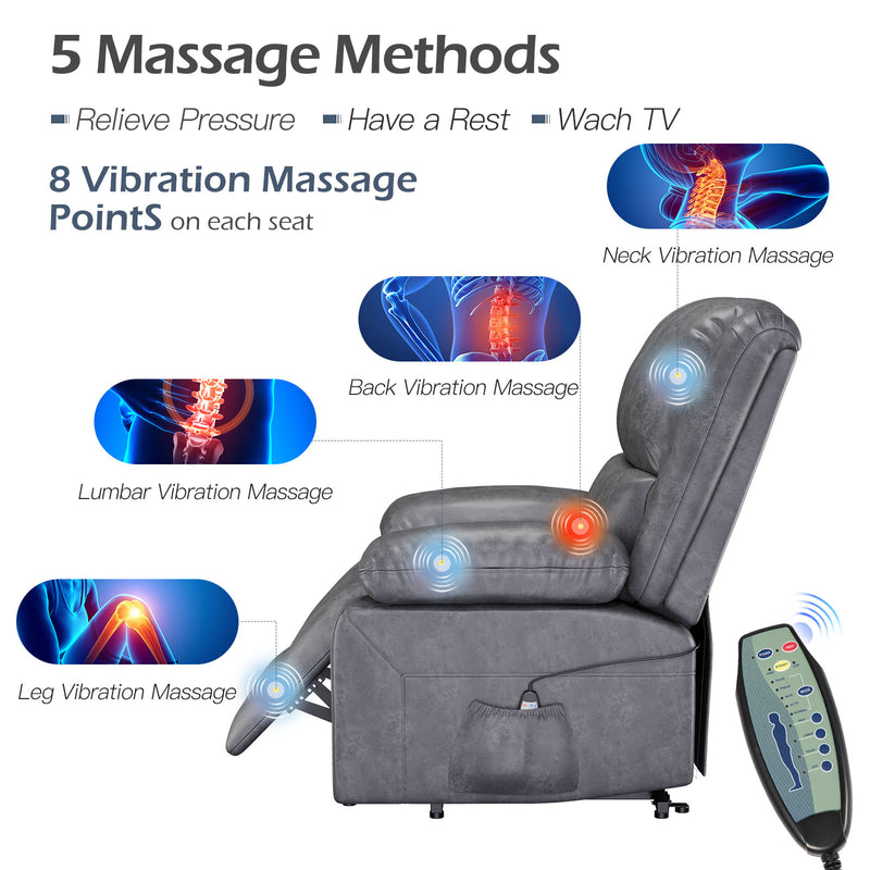 YODOLLA Leather Recliner Chair with Massage Heated Function, Home Theater Seating Sofa Gray