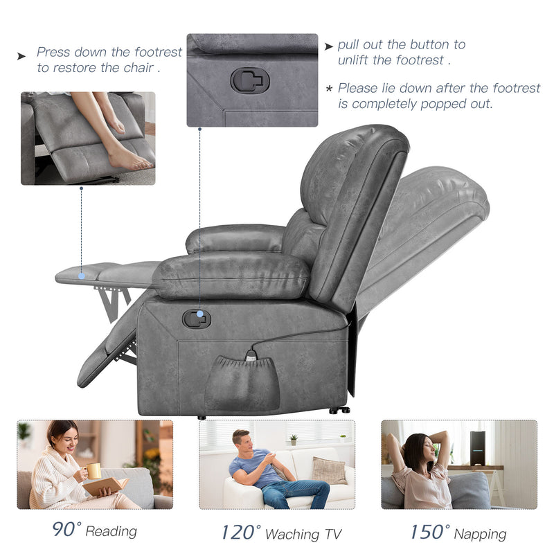 YODOLLA 3 Seat Leather Recliner Sofa with Massage Heated Function, Home Theater Seating Chair in Gray