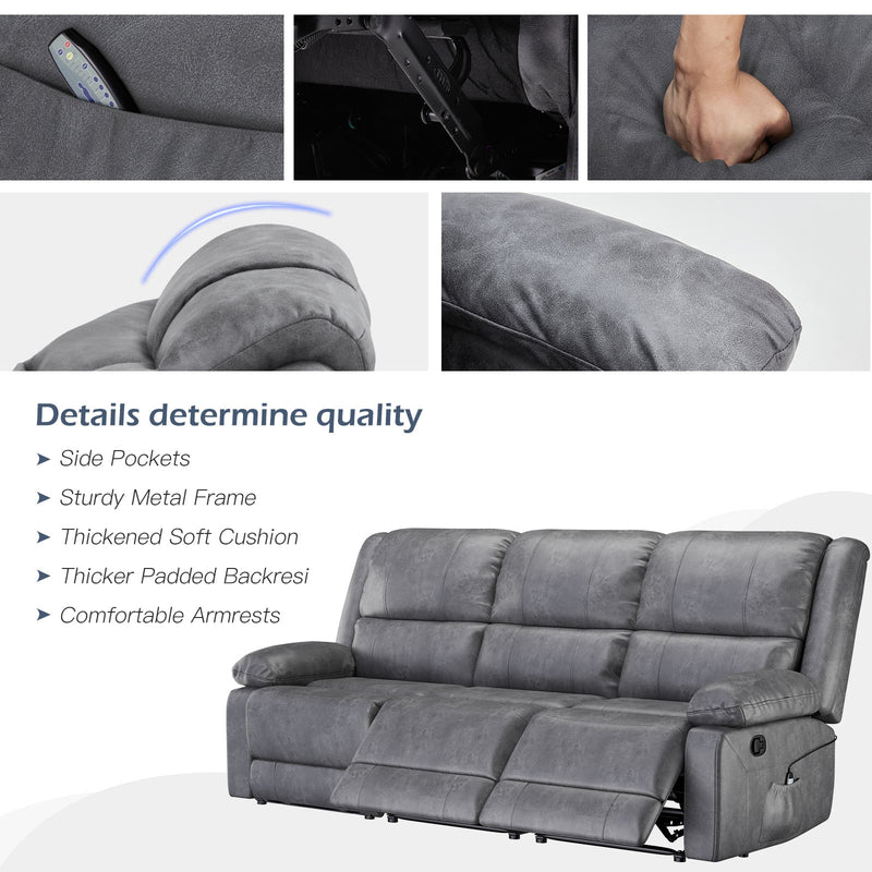YODOLLA 3 Seat Leather Recliner Sofa with Massage Heated Function, Home Theater Seating Chair in Gray