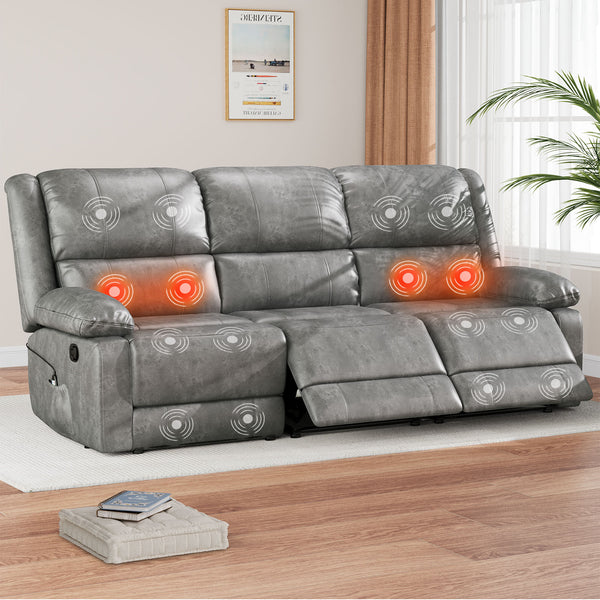 AECOJOY 3 Seat Leather Recliner Sofa with Massage Heated Function, Home Theater Seating Chair in Gray