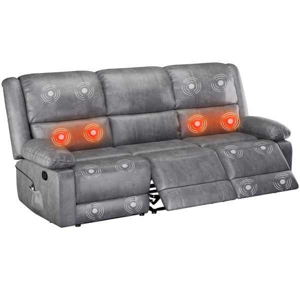 YODOLLA 3 Seat Leather Recliner Sofa with Massage Heated Function, Home Theater Seating Chair in Gray