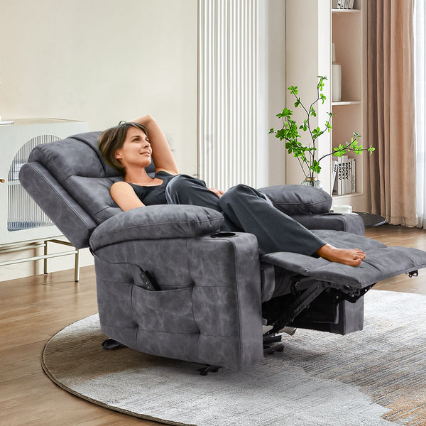 YODOLLA Oversized Nursery Electric Recliner Chair, Power Sofa with USB & Cup Holders, Breathable Leather Fabric, Home Theater Seating in Bronze Dark Grey