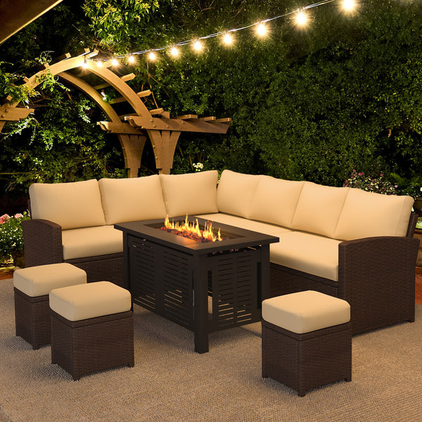 YODOLLA 7-Piece Patio Conversation Set with 43" Fire Pit Table, Outdoor Sectional Sofa, PE Rattan Wicker Furniture, Steel Frame, Beige