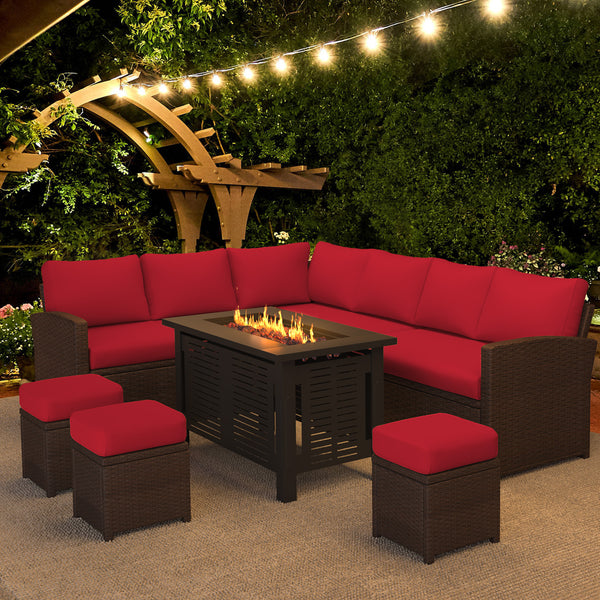 YODOLLA 7-Piece Patio Conversation Set with 43" Fire Pit Table, Outdoor Sectional Sofa, PE Rattan Wicker Furniture, Steel Frame, Red