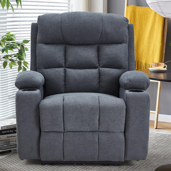 YODOLLA Oversized Nursery Electric Recliner Chair, Power Sofa with USB & Cup Holders, Breathable Leather Fabric, Home Theater Seating in Grey