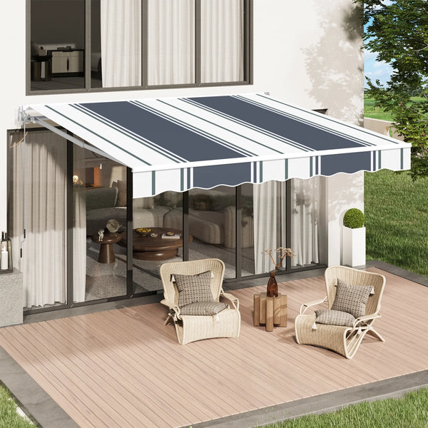 AECOJOY 13' x 8' Manual Retractable Patio Awning,Outdoor Awning Retractable Sunshade Shelter-Blue Stripes
