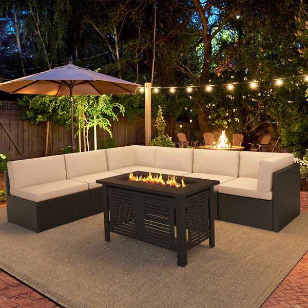 YODOLLA 7-Piece Patio Furniture Set with 43" Fire Pit Table, Rattan Wicker Outdoor Sectional Sofa Couch with Table Patio Conversation Set for Lawn& Backyard In Black&Beige