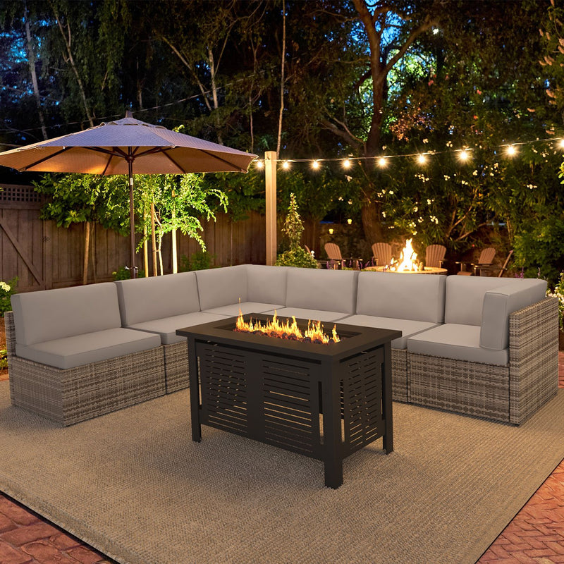 YODOLLA 7-Piece Patio Furniture Set with 43" Fire Pit Table, Rattan Wicker Outdoor Sectional Sofa Couch with Table Patio Conversation Set for Lawn& Backyard In Gray