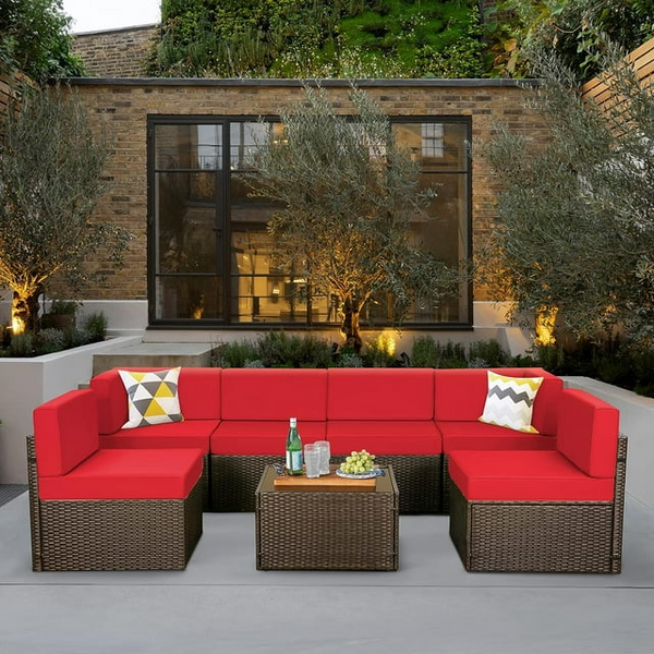 YODOLLA 7-Piece Outdoor Furniture Set, Rattan Wicker Sectional Sofa