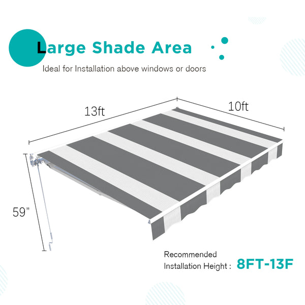AECOJOY 13' x 10' Manual Retractable Patio Awning,Outdoor Awning Retractable Sunshade Shelter in Grey Stripes
