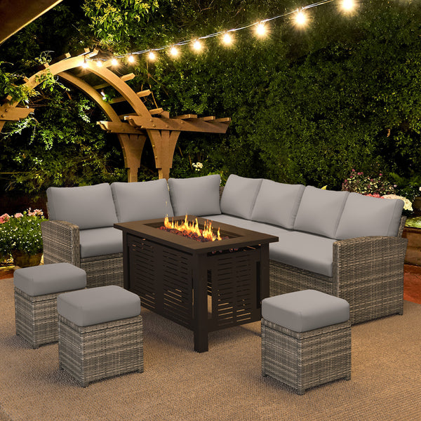 YODOLLA 7-Piece Patio Conversation Set with 43" Fire Pit Table, Outdoor Sectional Sofa, PE Rattan Wicker Furniture, Steel Frame, Gray