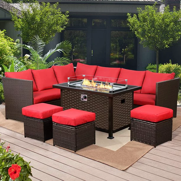 7 Piece Outdoor Patio Furniture Set in Red with Aluminum Frame Brown Propane Fire Pit Table