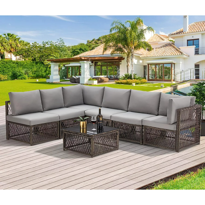7-Piece Patio Furniture Set Rattan Wicker Sectional Sofa L Shaped Outdoor Furniture with Coffee Table in Gray