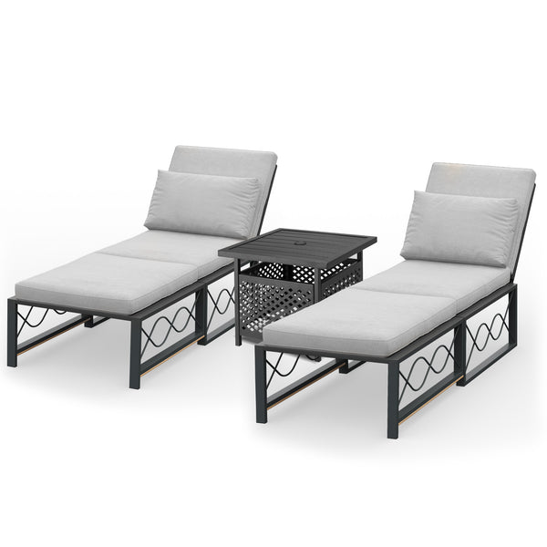 AECOJOY Patio Lounge Chair Set of 3 With Side Table,Outdoor Patio Chaise Lounge Chair Adjustable Folding Pool Lounger w/ Grey Cushion