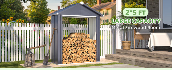 YODOLLA 2 x 5 ft. Outdoor Firewood Storage Rack, Waterproof Metal Log Carrier Holder Organizer for Garden& Patio in Gray