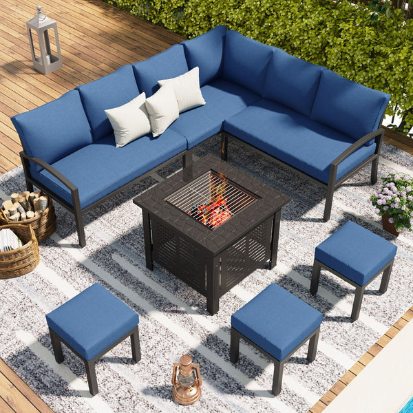 YODOLLA 7 Pieces Metal Patio Furniture Sets with 30" Fire Pit Table Patio Conversation Set Outdoor Sectional Sofa Metal Dining Furniture, Blue