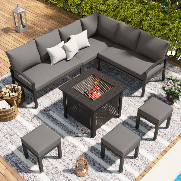YODOLLA 7 Pieces Metal Patio Furniture Sets with 30" Fire Pit Table Patio Conversation Set Outdoor Sectional Sofa Metal Dining Furniture, Gray
