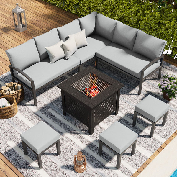 YODOLLA 7 Pieces Metal Patio Furniture Sets with 30" Fire Pit Table Patio Conversation Set Outdoor Sectional Sofa Metal Dining Furniture, Light Gray