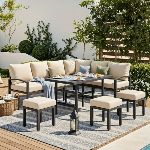 Pieces Metal Patio Furniture Sets Outdoor Conversation Set with Dining Table and Chair, Beige