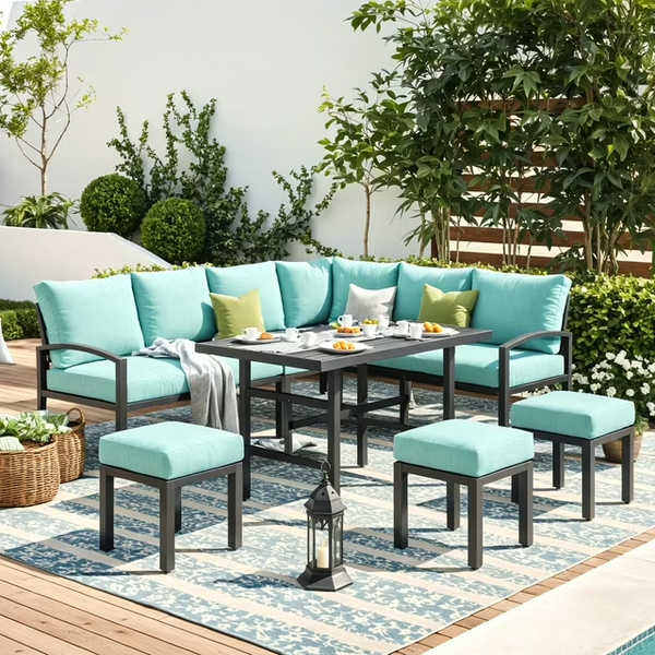 7 Pieces Metal Patio Furniture Sets Outdoor Conversation Set with Dining Table and Chair, Green