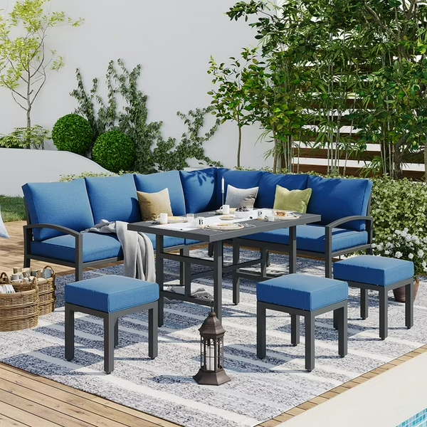 7 Pieces Metal Patio Furniture Sets Patio Conversation Set Outdoor Sectional Sofa Metal Dining Furniture in Blue