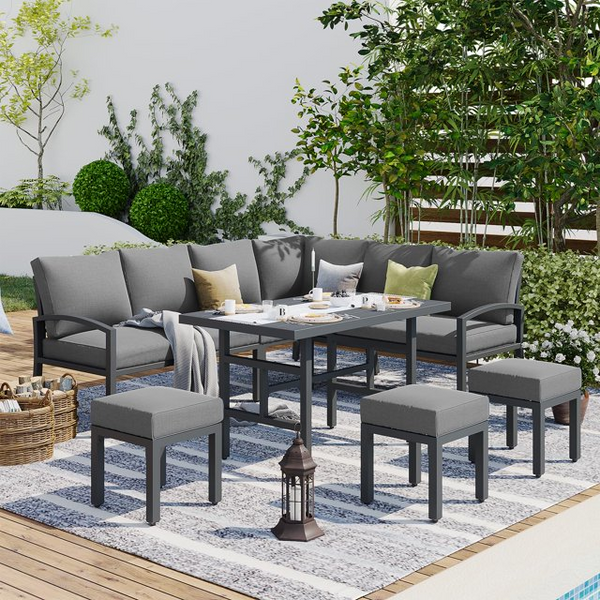 7 Pieces Metal Patio Furniture Sets Patio Conversation Set Outdoor Sectional Sofa Metal Dining Furniture, Gray