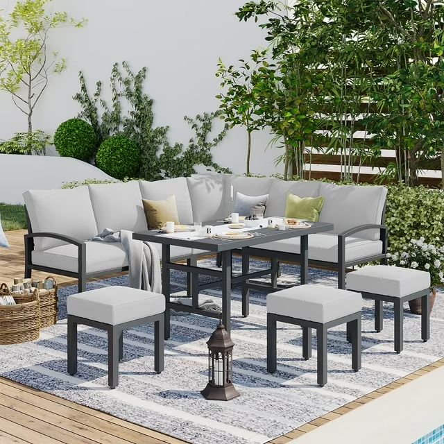 7 Pieces Metal Patio Furniture Sets Patio Conversation Set Outdoor Sectional Sofa Metal Dining Furniture, Light Gray