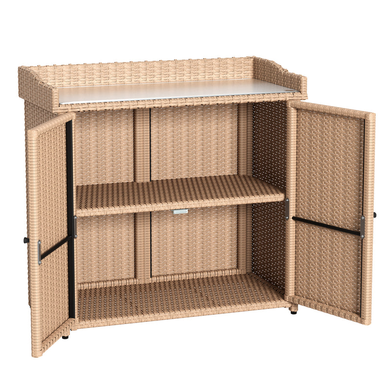 YODOLLA Outdoor Wicker Storage Cabinet, Wicker Rattan Storage Cabinet with 2 Doors, Potting Benches, Beige
