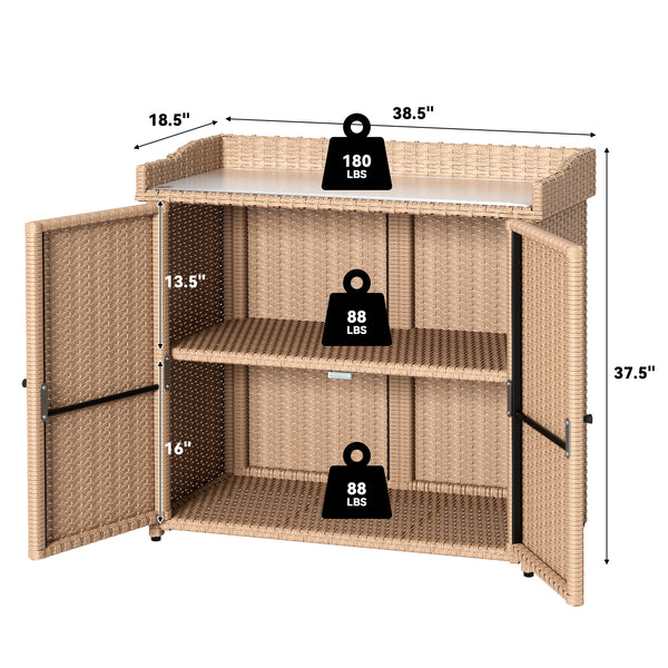 YODOLLA Outdoor Wicker Storage Cabinet, Wicker Rattan Storage Cabinet with 2 Doors, Potting Benches, Beige