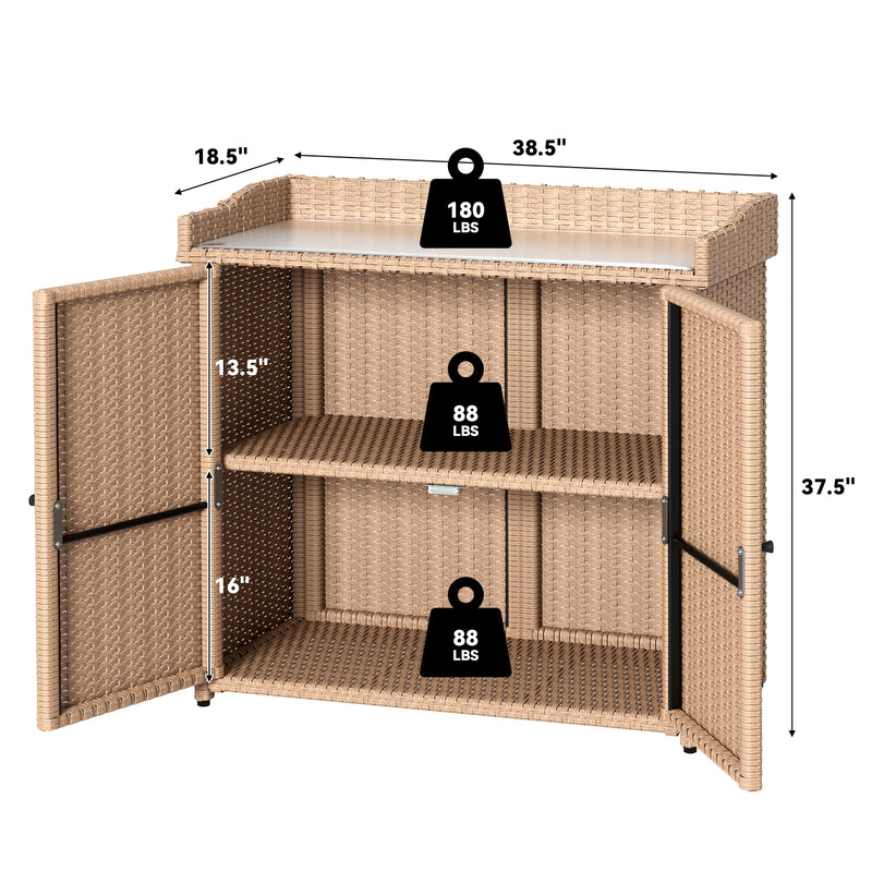 YODOLLA Outdoor Wicker Storage Cabinet, Wicker Rattan Storage Cabinet with 2 Doors, Potting Benches, Beige