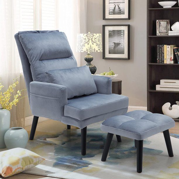 YODOLLA Velvet Accent Chair with Ottoman in Gray