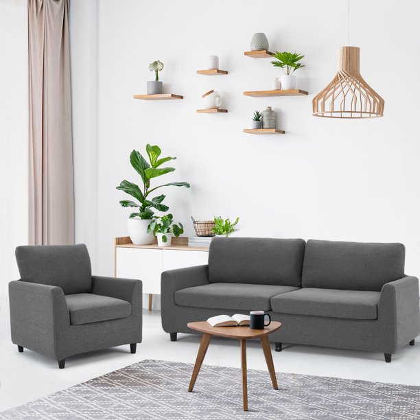 YODOLLA 2 Piece Sofa Set Include 3 Seater Sofa & Single Armchair in Dark Gray