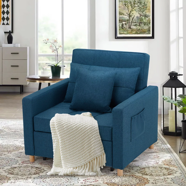 Futon Sofa Bed Chair with Adjustable Backrest and 2 Pillows-Blue